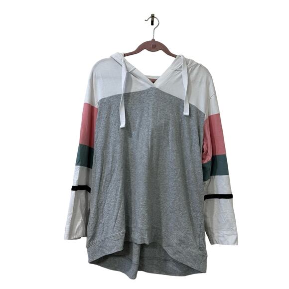 T by Talbots Womens 1X Gray Striped Lightweight Hooded Sweatshirt Athleisure - Picture 1 of 4